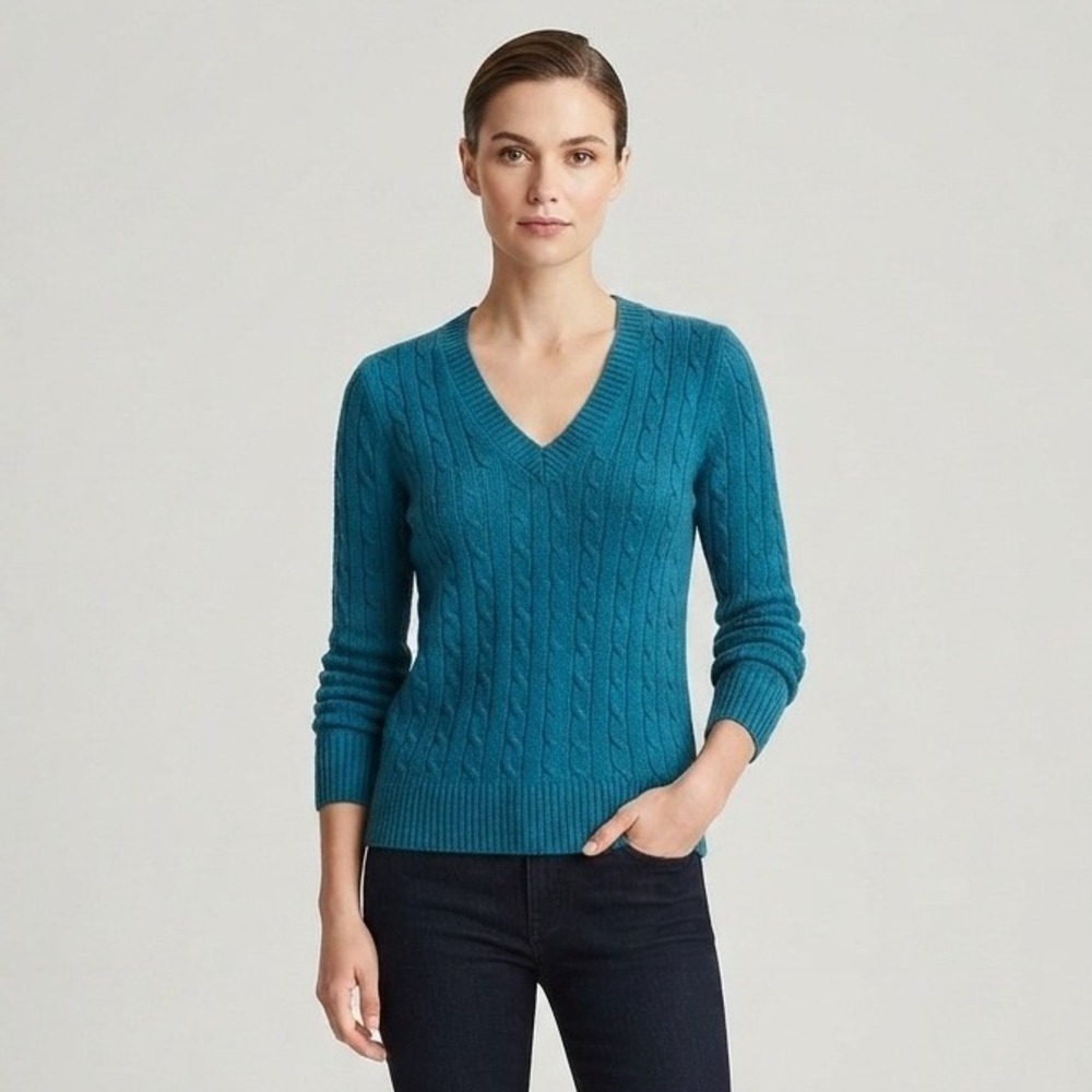 Talbots Teal Blue Cable Knit V-Neck Minimalist Preppy Lambswool Blend Sweater S
